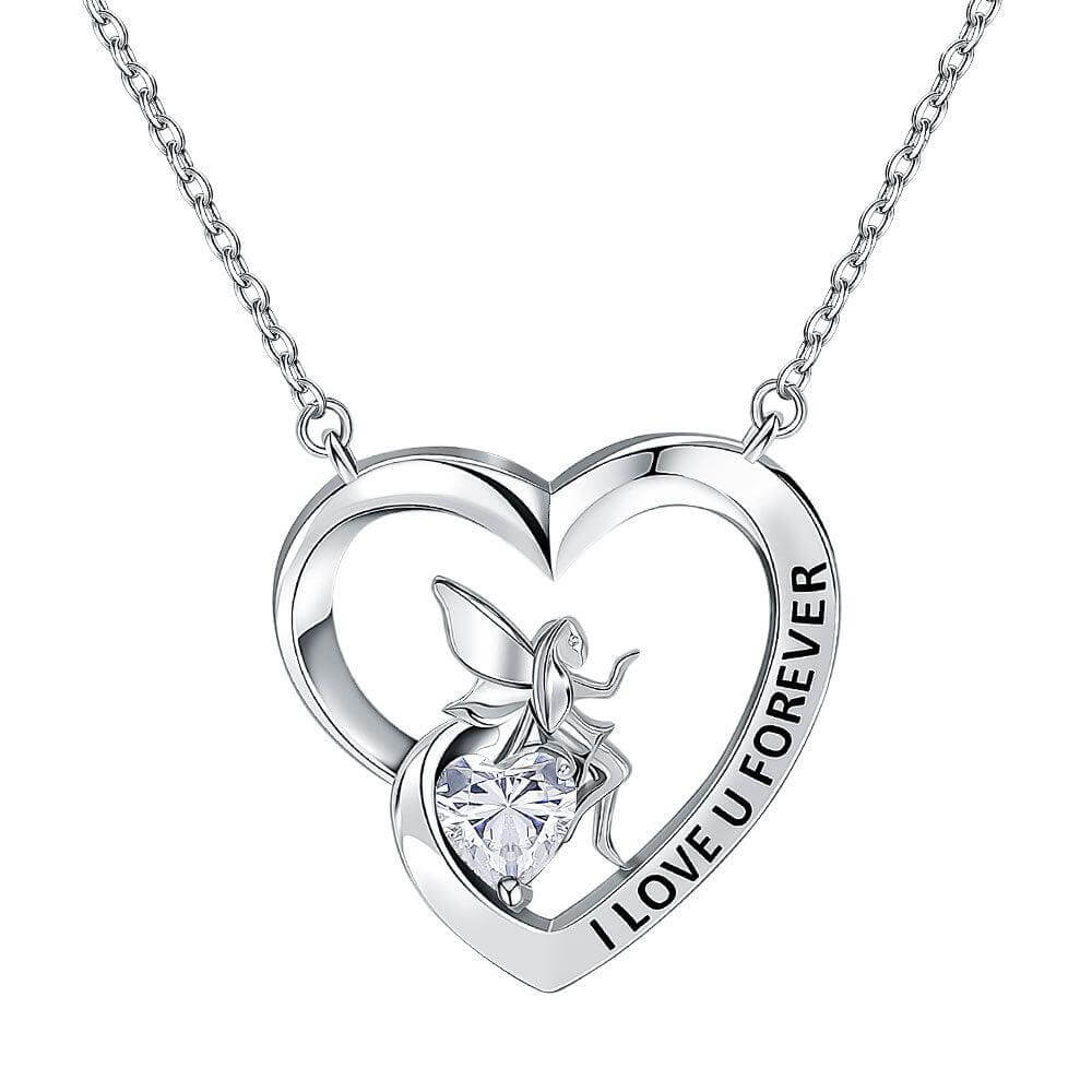 I Love U Forever Pendant Necklace with Angel and Love Heart Birthstone - Trendolla Jewelry